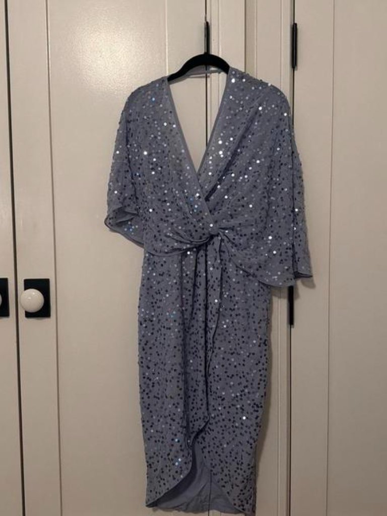Light Blue Silver Sequin Wrap Dress With Tie Waist